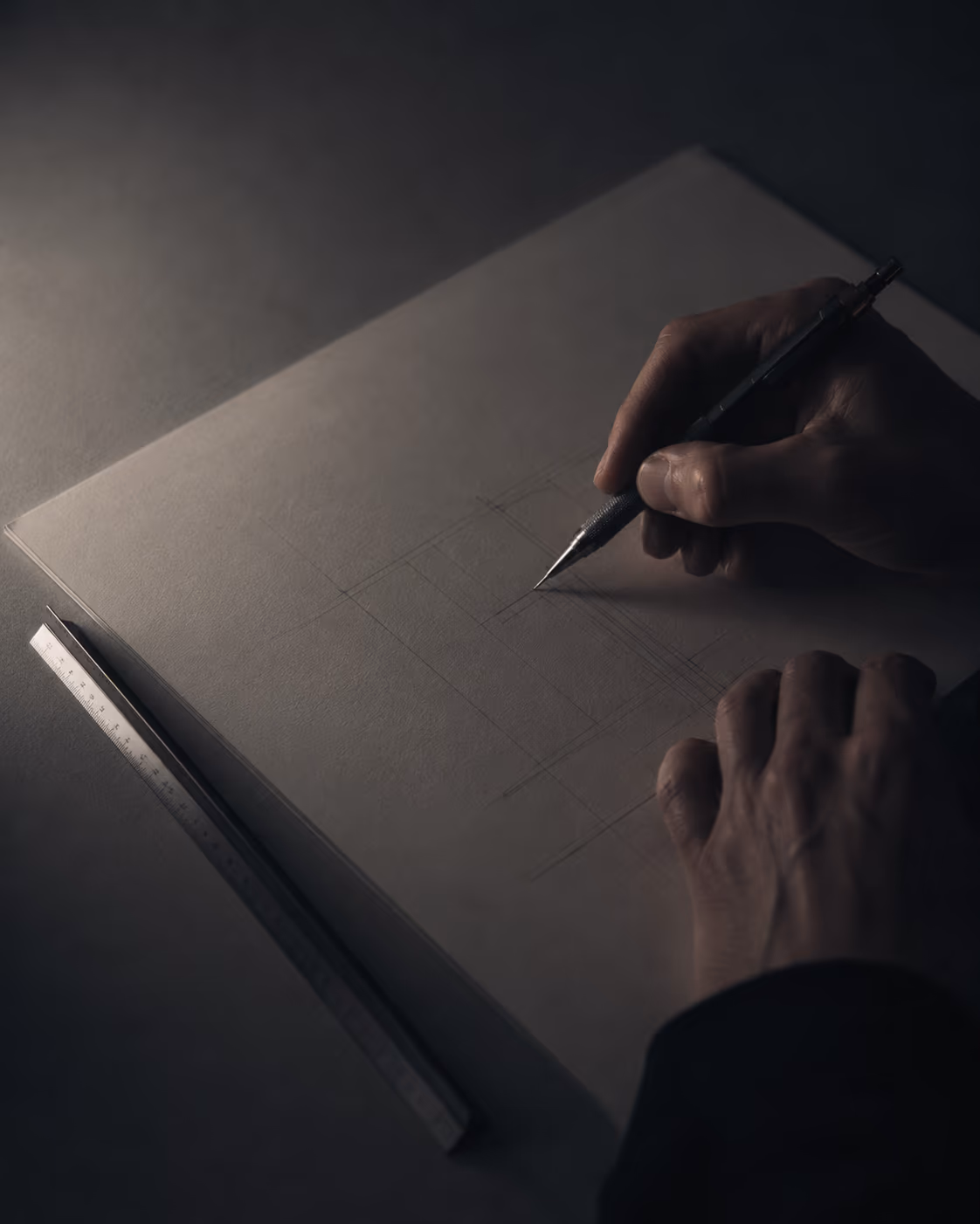 Mãos desenhando sobre prancheta com régua de escala
